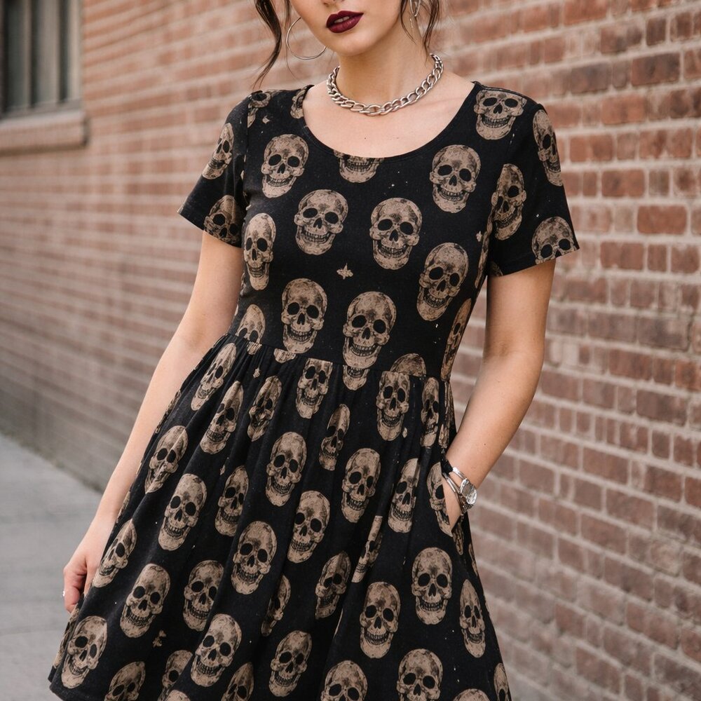 Emery Rose Black Skull Print Dress Empire Waist Goth Short Sleeve Women’s XL